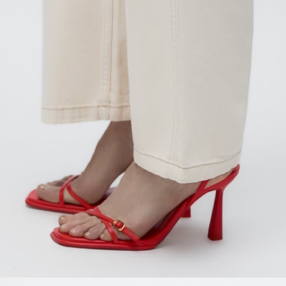 ZARA RED STRAPPY HEELED 100% LEATHER SANDALS - Picture 5 of 11